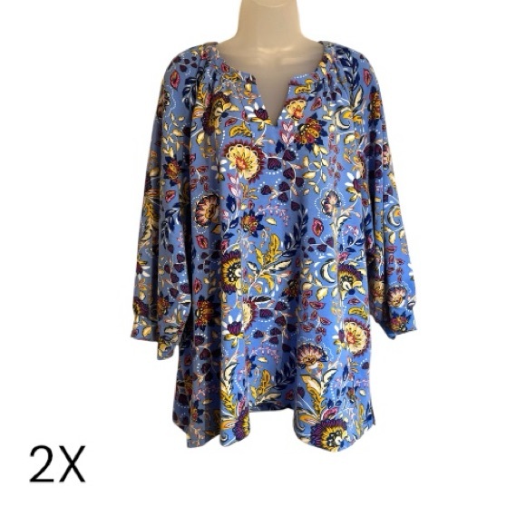Kim Rogers Blue Floral Spring V-Neck Top PLUS: 2X #6 - Picture 1 of 8